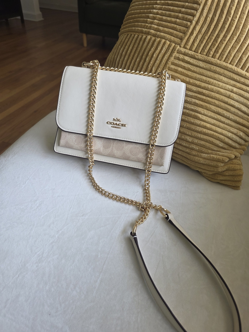 Coach White and Beige Signature Chain Crossbody Bag